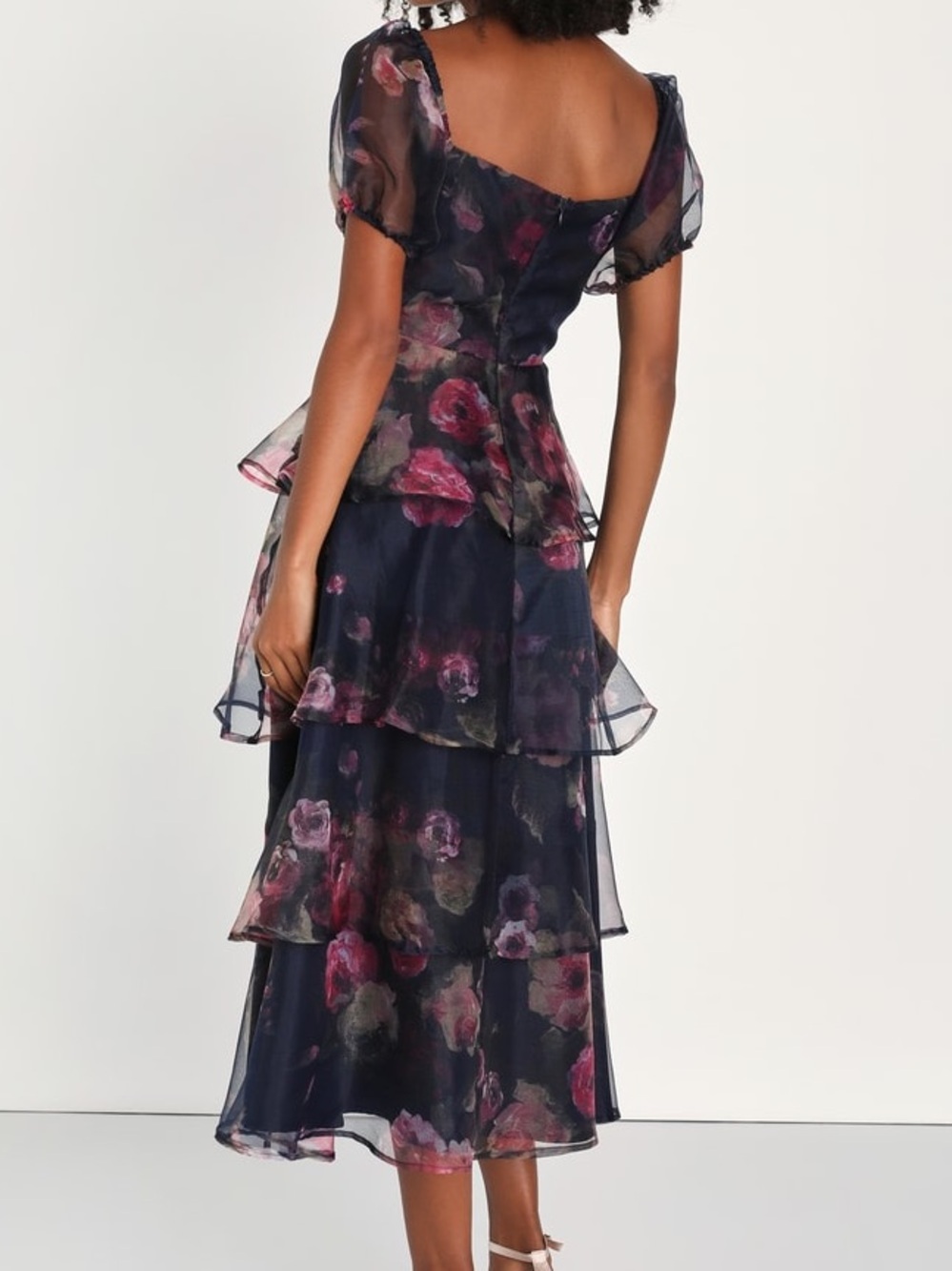 Lulus Navy Floral Organza Tiered Midi Dress Puff Sleeve Size XS NWT - Picture 2 of 10